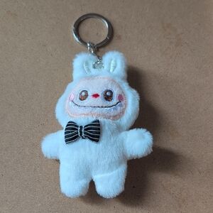 Cute White Plush Keychain with Bow Tie